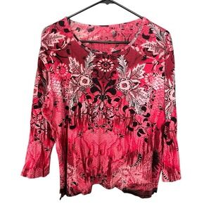 Jane Ashley 1X Pink Casual Shirt 3/4 Sleeve Beaded Floral All‎ Over Print Barbie